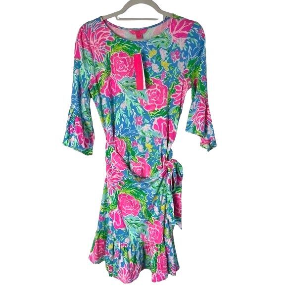 Lilly Pulitzer Dress Kassi Zanibar Blue Bunny Ruffled Faux-Wrap Dress Size S - Picture 3 of 10